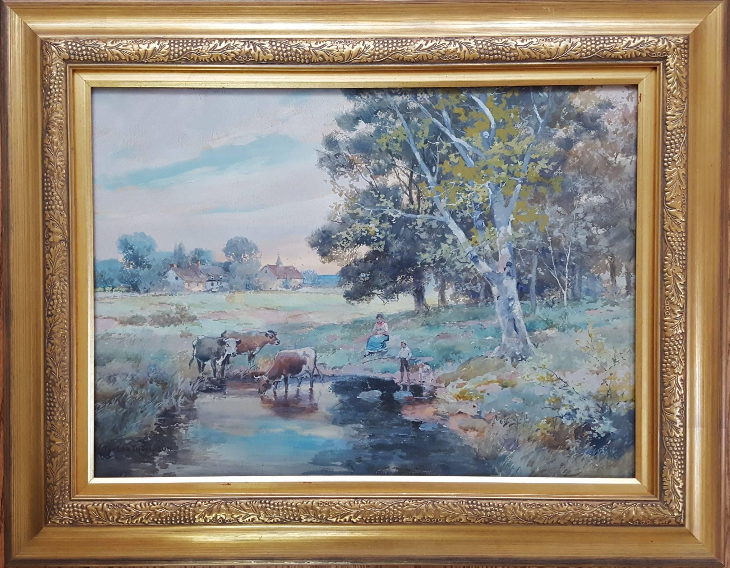 Children with Cows on English Farm Landscape - Painting by Taylor Thompson