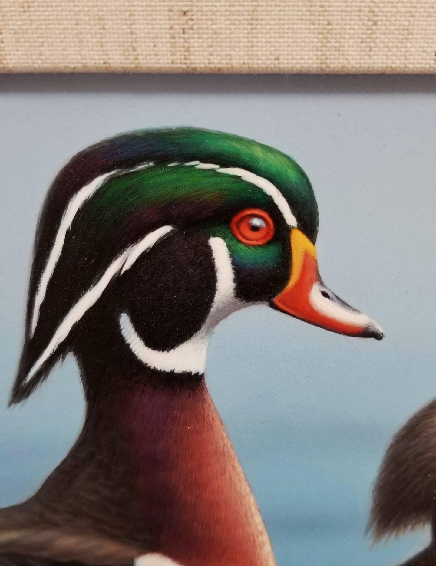 Wood Ducks /// Contemporary Wildlife Animal Bird Ornithology Painting Waterscape - Black Animal Painting by Ron Louque