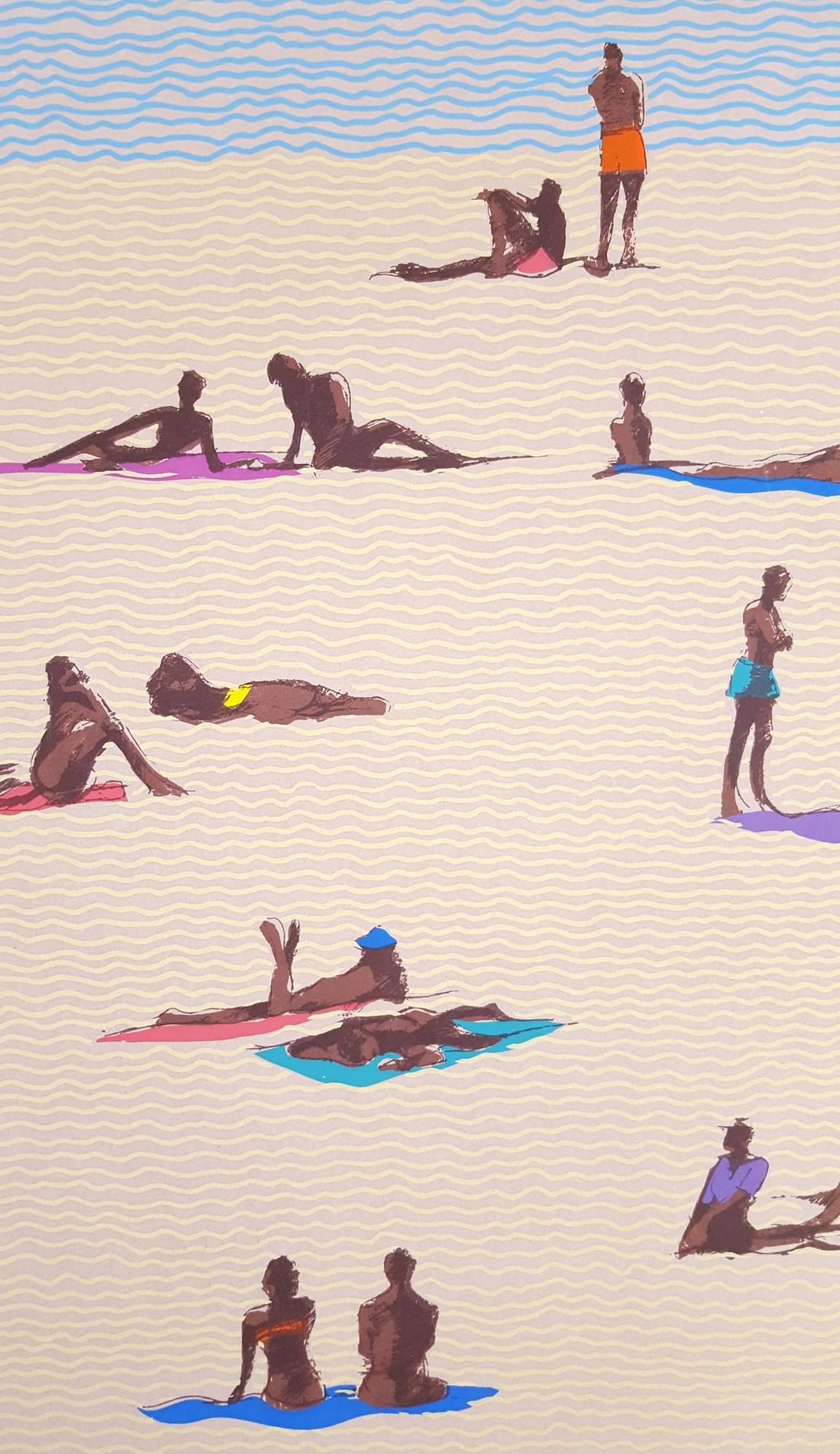 St. Tropez /// Contemporary Pop Art Beach Ocean Shore Figurative Swimming Modern - Beige Figurative Print by Robin Shepherd