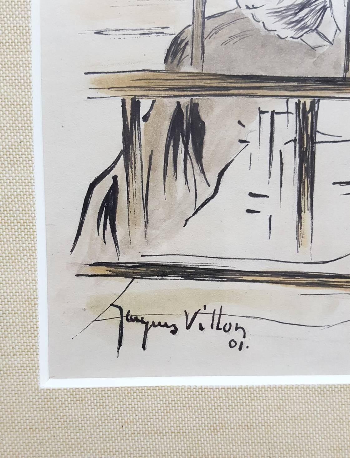 An original signed Mixed Media: Indian Ink ,Watercolor, and Crayon drawing by French artist Jacques Villon (1875-1963) titled 