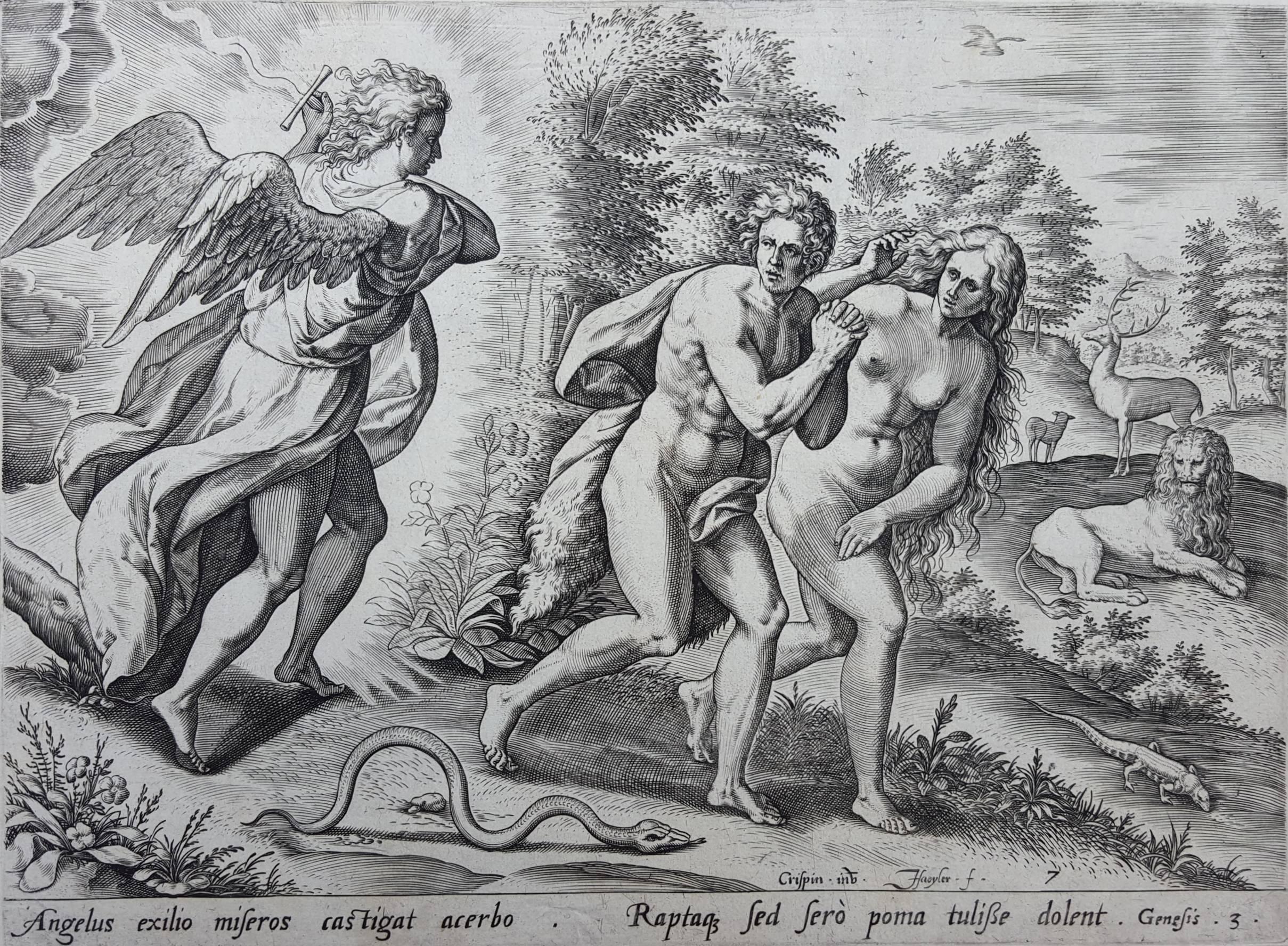 Johannes Sadeler I Figurative Print - Angelus exilo miseros castigat acerbo