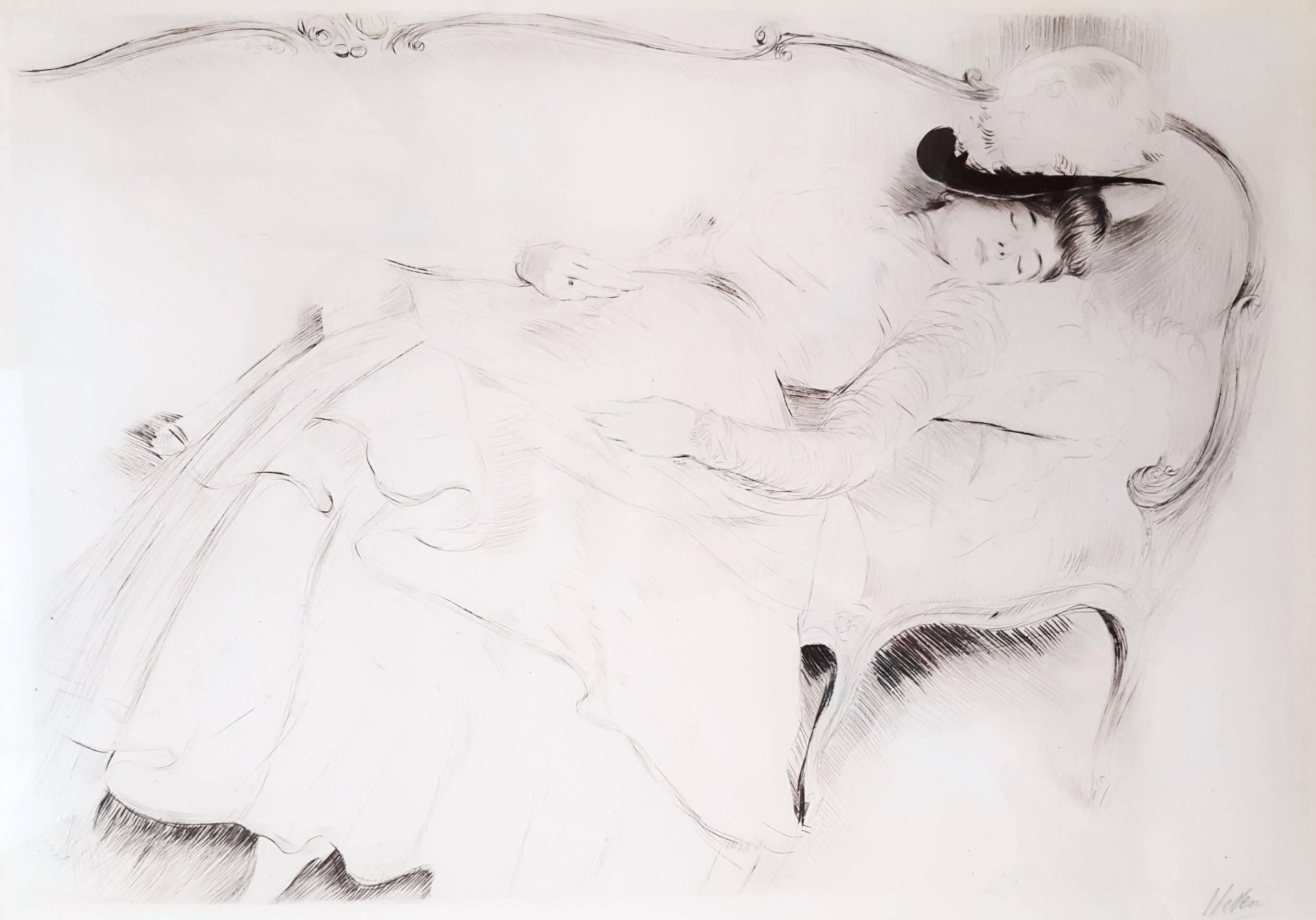 Paul César Helleu Figurative Print - Dormeuse sur un Canape