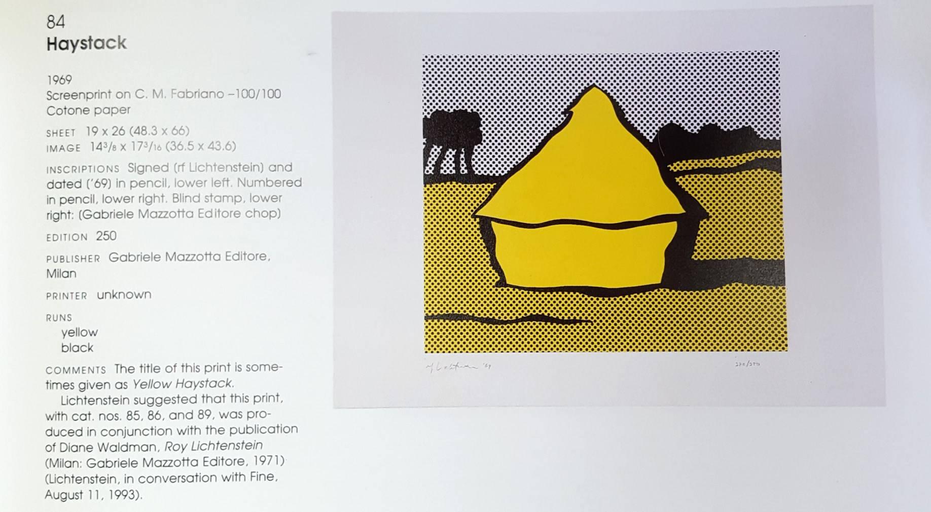 An original signed silkscreen by American artist Roy Lichtenstein (1923-1997) titled "Haystack", 1969. Hand pencil signed by Lichtenstein lower left "rf Lichtenstein '69" and numbered lower right "117/250"; (Limited