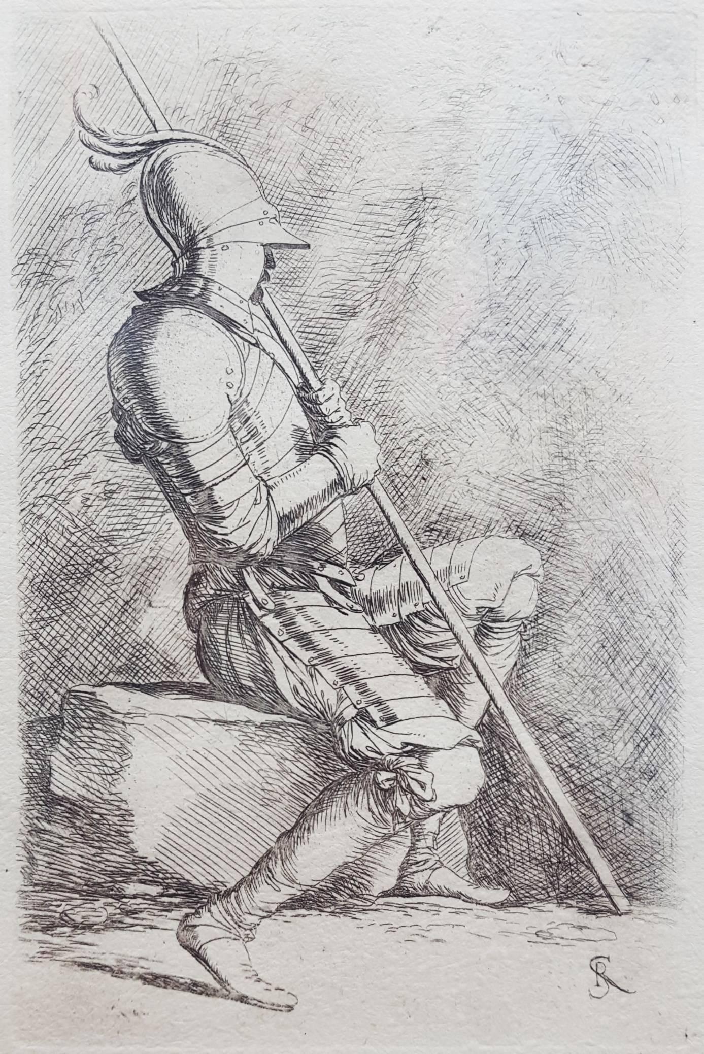 Salvator Rosa Figurative Print - Seated Soldier Framed