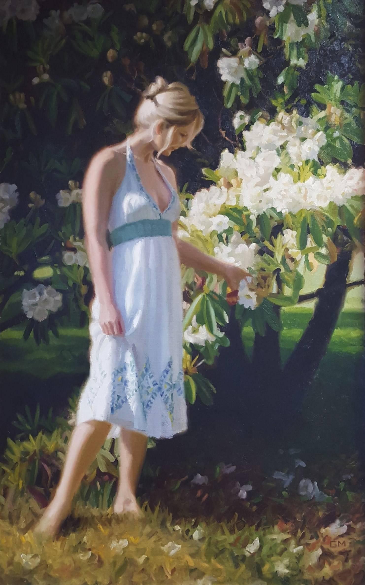 Gary Thomas Morrow Figurative Painting – Sommerblüten /// Contemporary Figurative Dress Lady Flowers Landscape Garden 