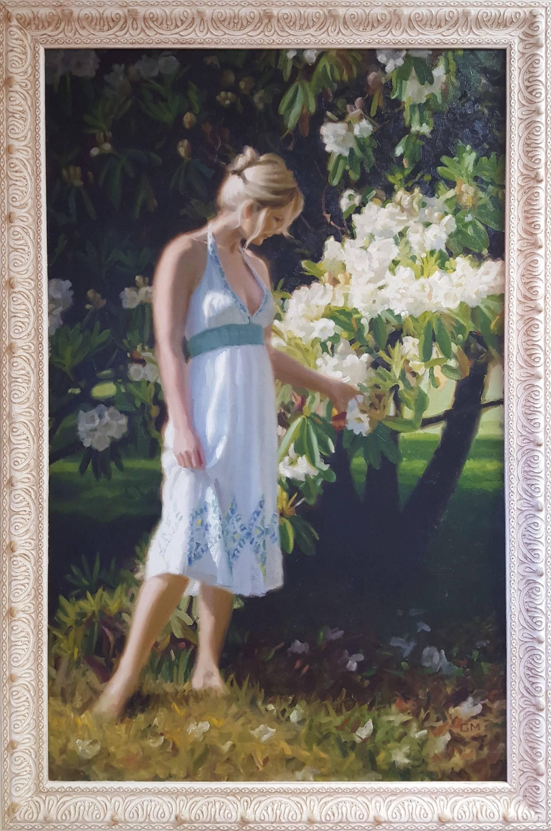 Summer Blooms /// Contemporary Figurative Dress Lady Flowers Landscape Garden  - Painting by Gary Thomas Morrow