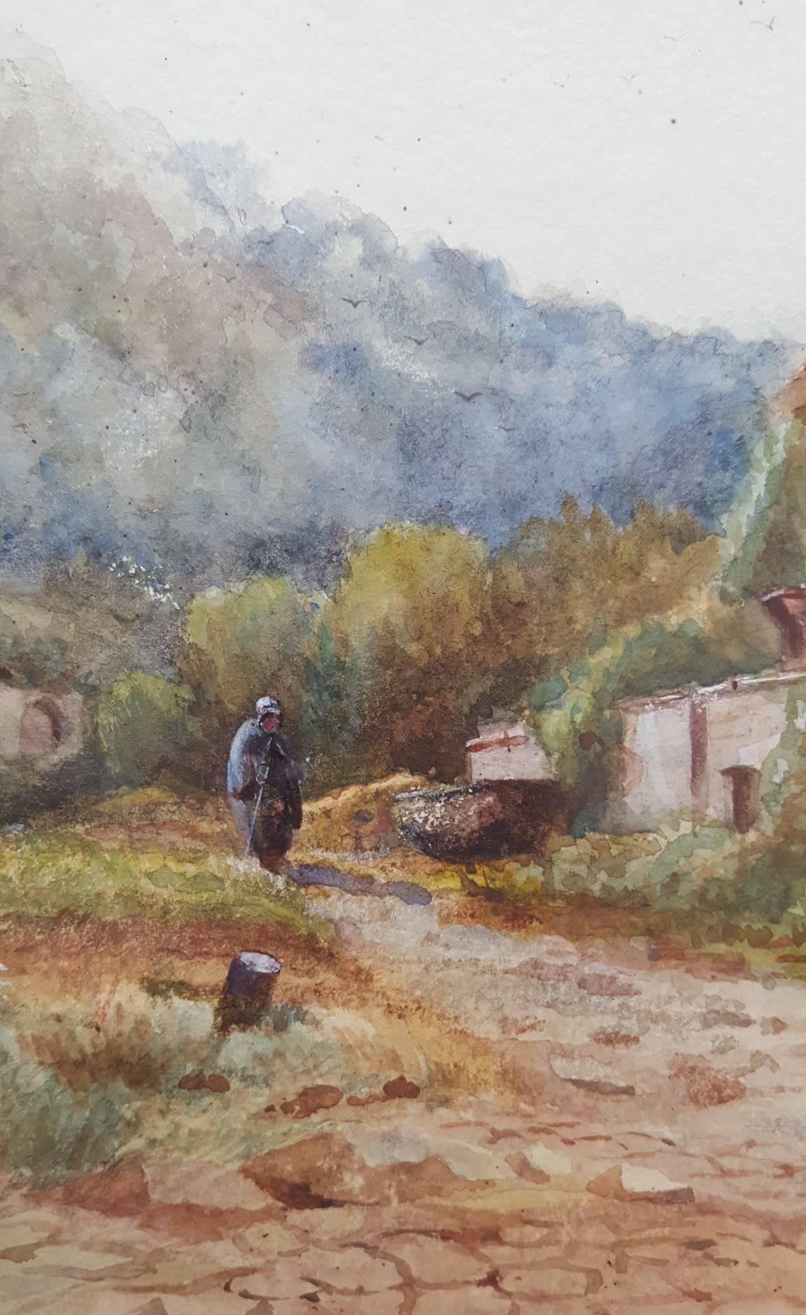 An original signed watercolor by an unknown British artist titled "Returning Home", 1886. Hand signed and dated by the artist lower left; illegible signature. Excellent condition for its age. Beautifully framed with matting from Holland