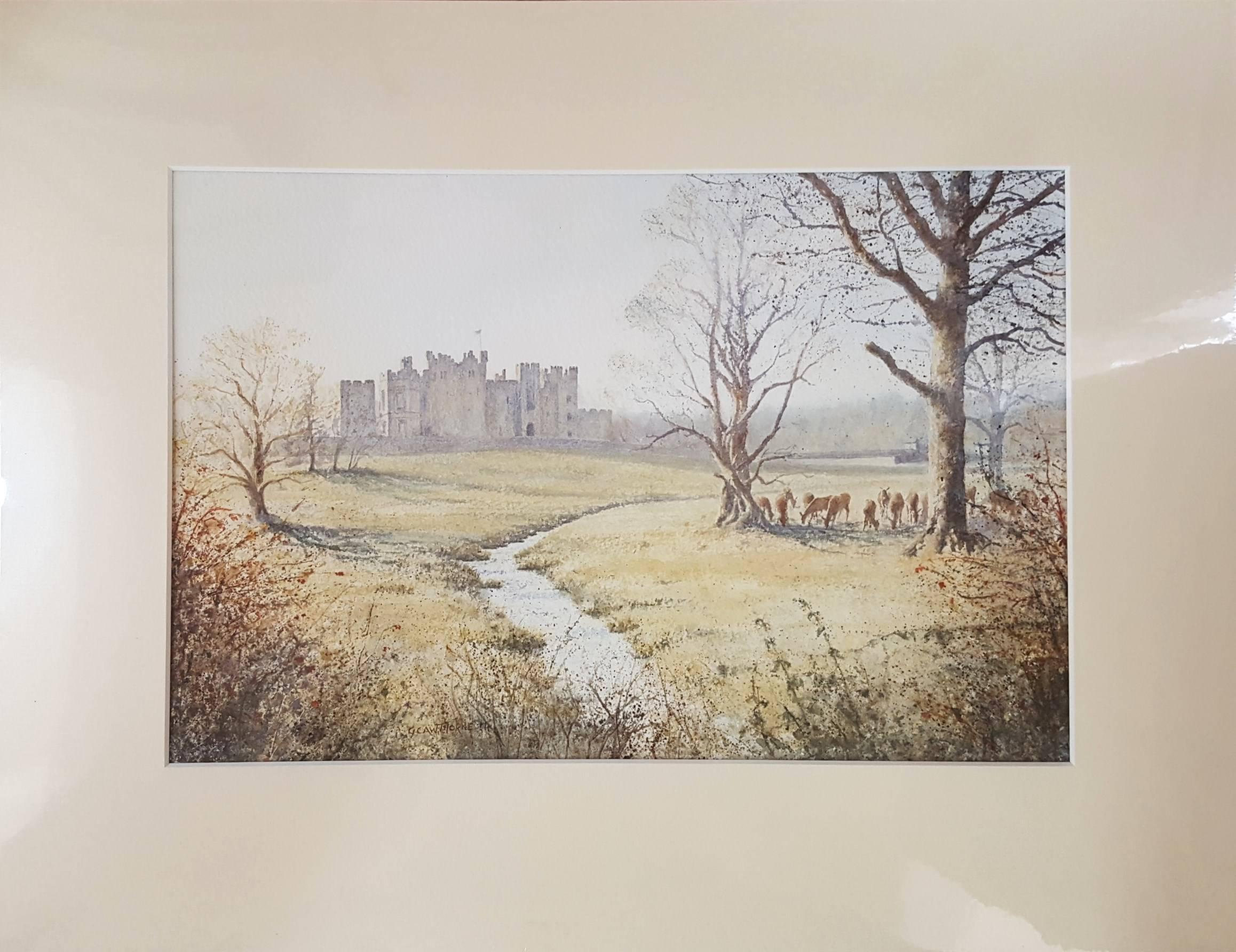 Raby Castle, Staindrop ///  Contemporary British Female Artist Watercolor Deer - Beige Landscape Art by Gillie Cawthorne