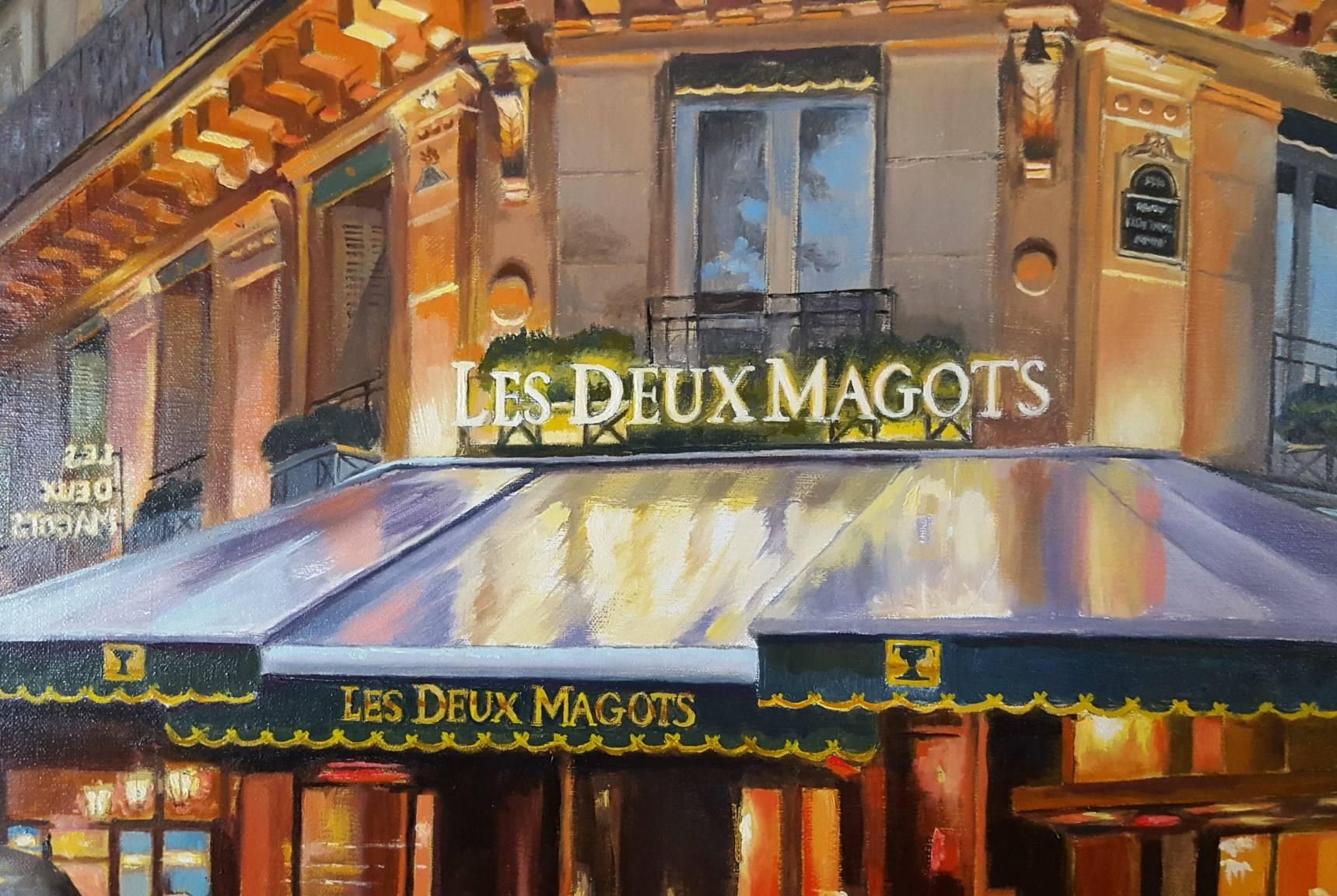 Cafe Les Deux Magots, Paris - Impressionist Painting by Christopher Stone