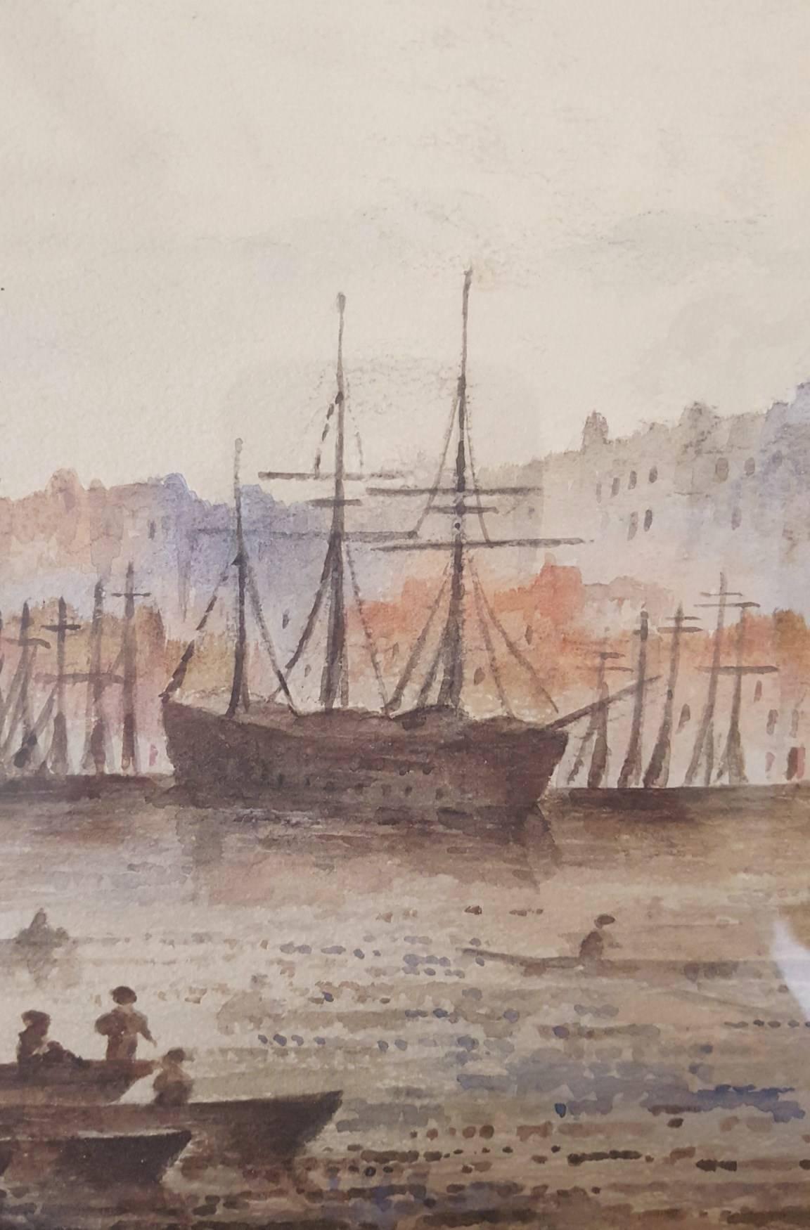 An original watercolor titled "Tynemouth, England", 1888. Titled and dated by the anonymous artist lower right. A charming watercolor painting of ships and people watching over the River Tyne. There is good detail of the buildings standing