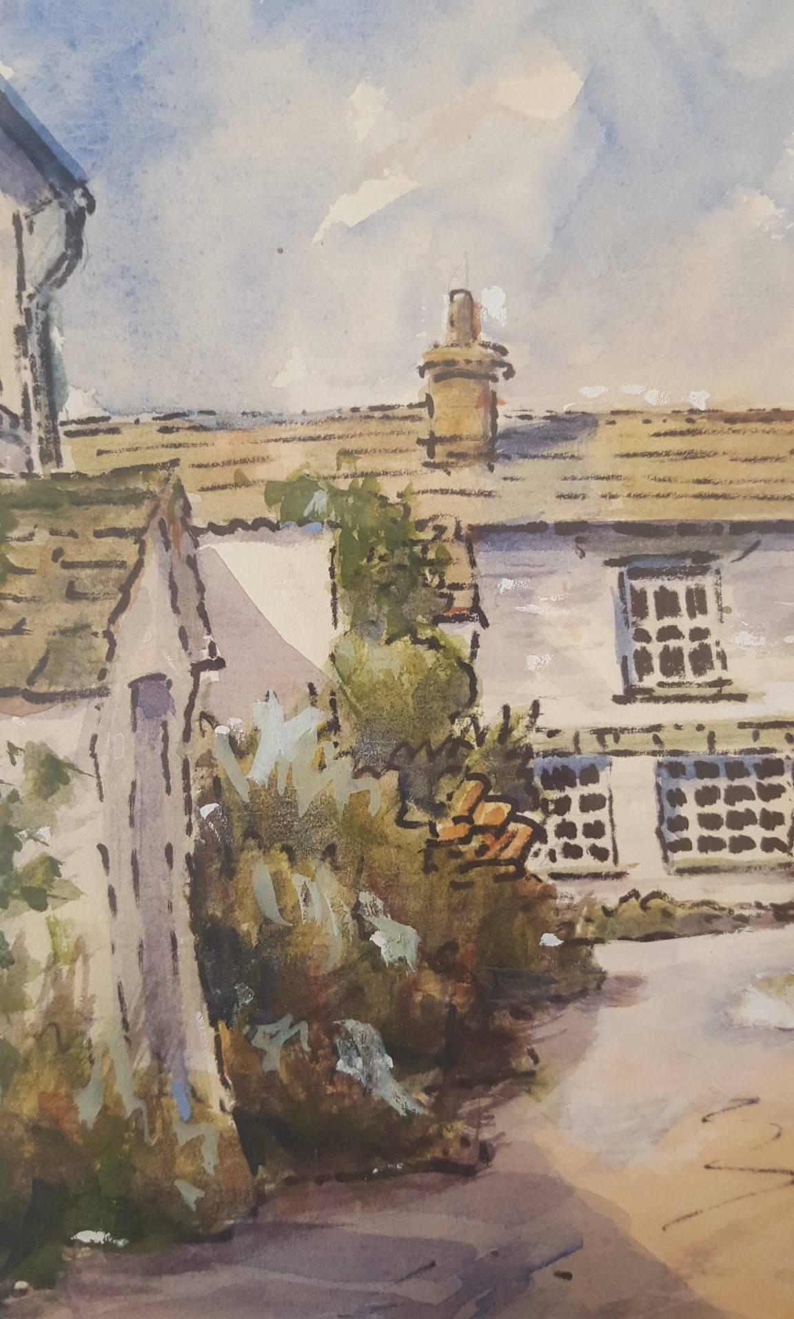 An original signed watercolor by English artist A. J. Mayhew titled "Borwick Fold, Cumbria", 1985. Hand signed by Mayhew lower right. Dated August of 1985 on verso. This work is in mint condition. It is frame ready: it has been matted with