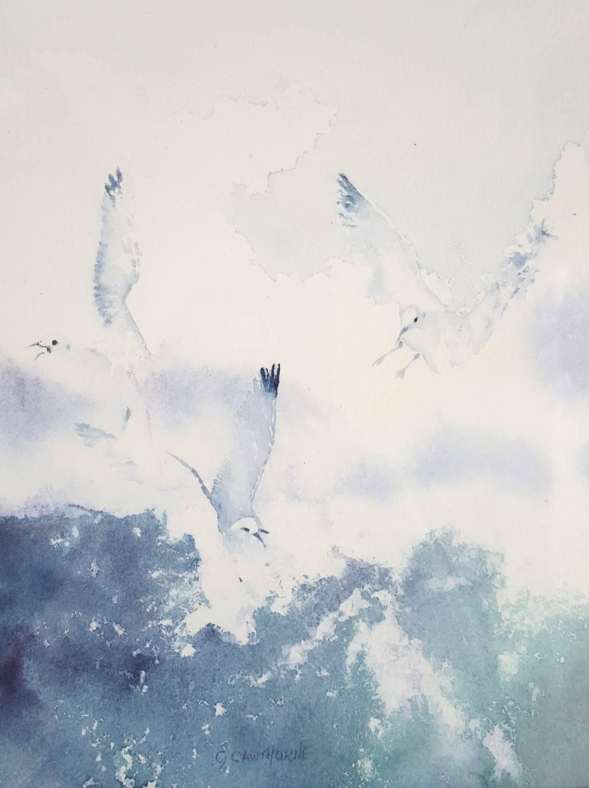 An original signed watercolor by English artist Gillie Cawthorne (1963-) titled "Flight of the Seagulls", 2012. Signed by Cawthorne lower right. This beautiful watercolor painting is superbly framed with moulding from Spain, matting from