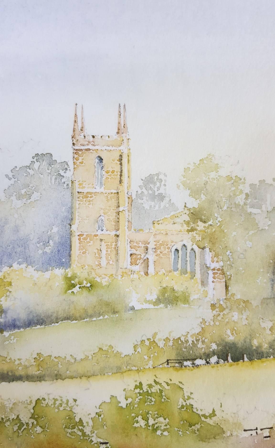 Greatford, Somerset /// Contemporary British Watercolor Church City Scene Town For Sale 1