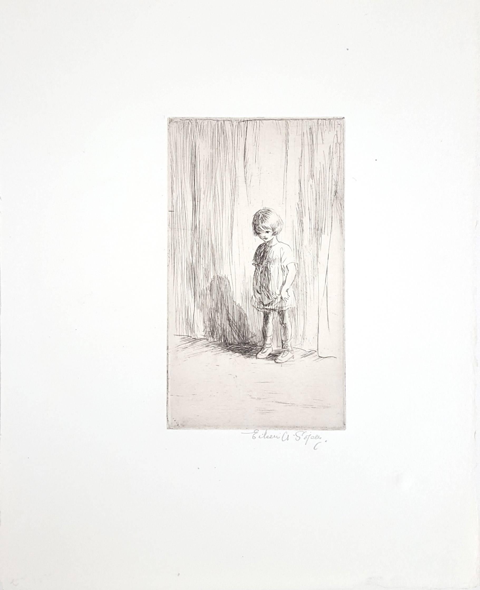 The New Pupil /// Antique Modern Female Artist Etching Child Children Figurative - Print by Eileen Soper