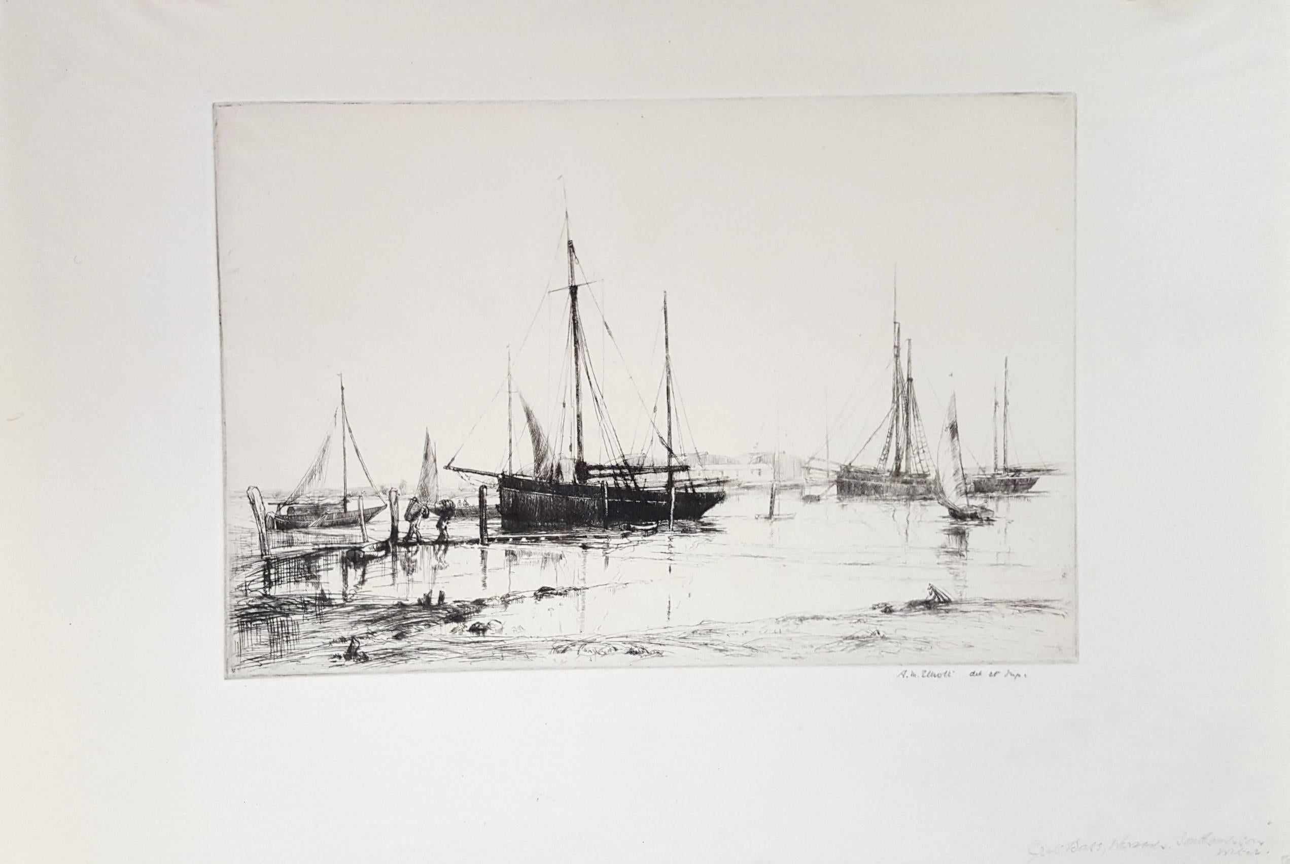 Crab Boats, Southampton Water /// Impressionist British Seascape Ship Maritime - Print by Aileen Mary Elliot