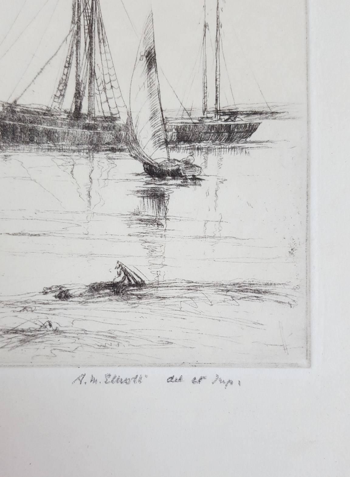 rabäusboote, Southampton Wasser /// Impressionistische britische Meereslandschaft Schifffahrtsschifffahrt (Impressionismus), Print, von Aileen Mary Elliot