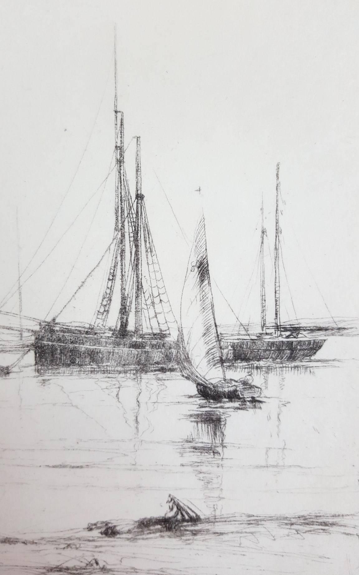 rabäusboote, Southampton Wasser /// Impressionistische britische Meereslandschaft Schifffahrtsschifffahrt (Grau), Landscape Print, von Aileen Mary Elliot