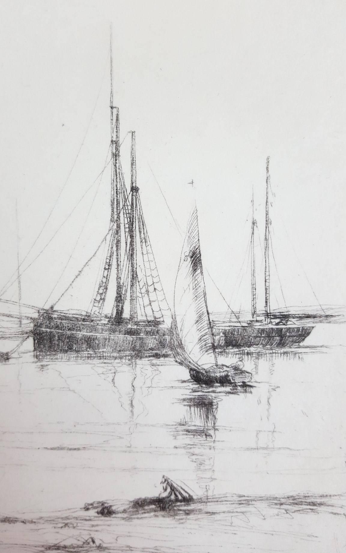 Barche di granchio, acque di Southampton /// Paesaggio marino impressionista britannico Nave marittima - Landscape Print Grigio di Aileen Mary Elliot