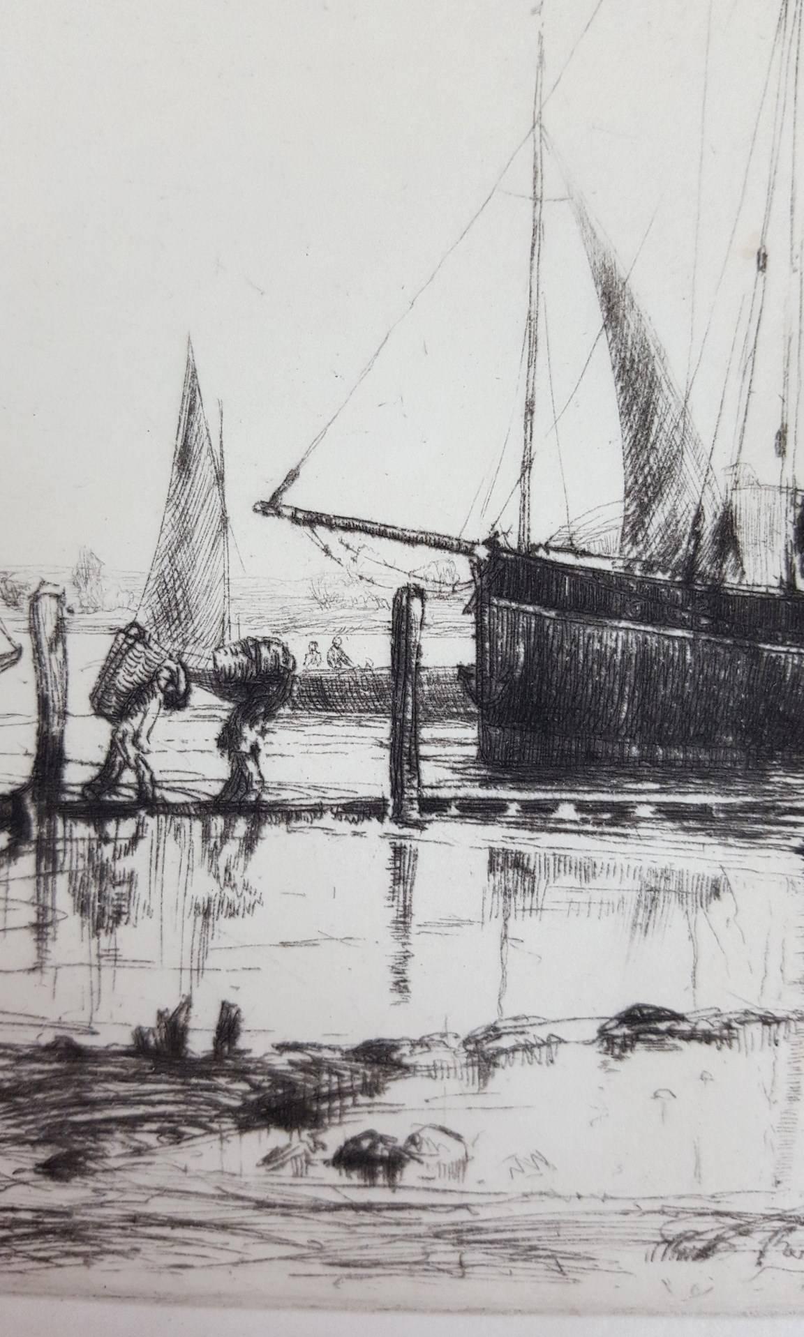 Barche di granchio, acque di Southampton /// Paesaggio marino impressionista britannico Nave marittima in vendita 2