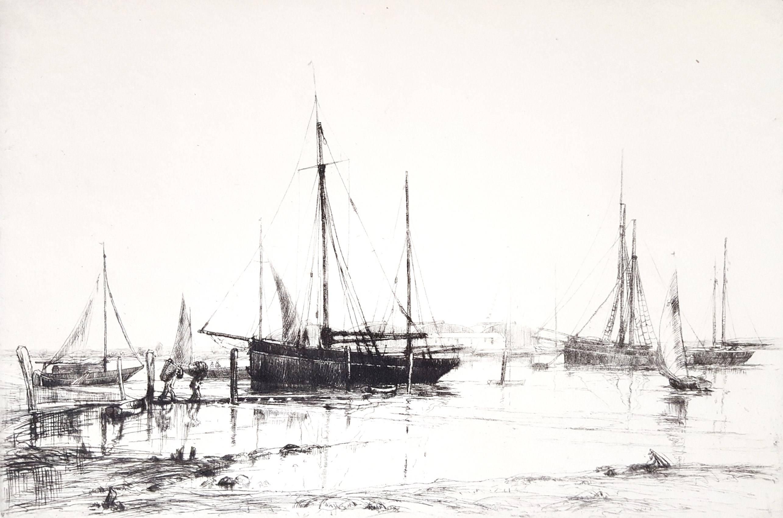 Barcos cangrejeros, Southampton Water /// Paisaje marino británico impresionista Barco marítimo