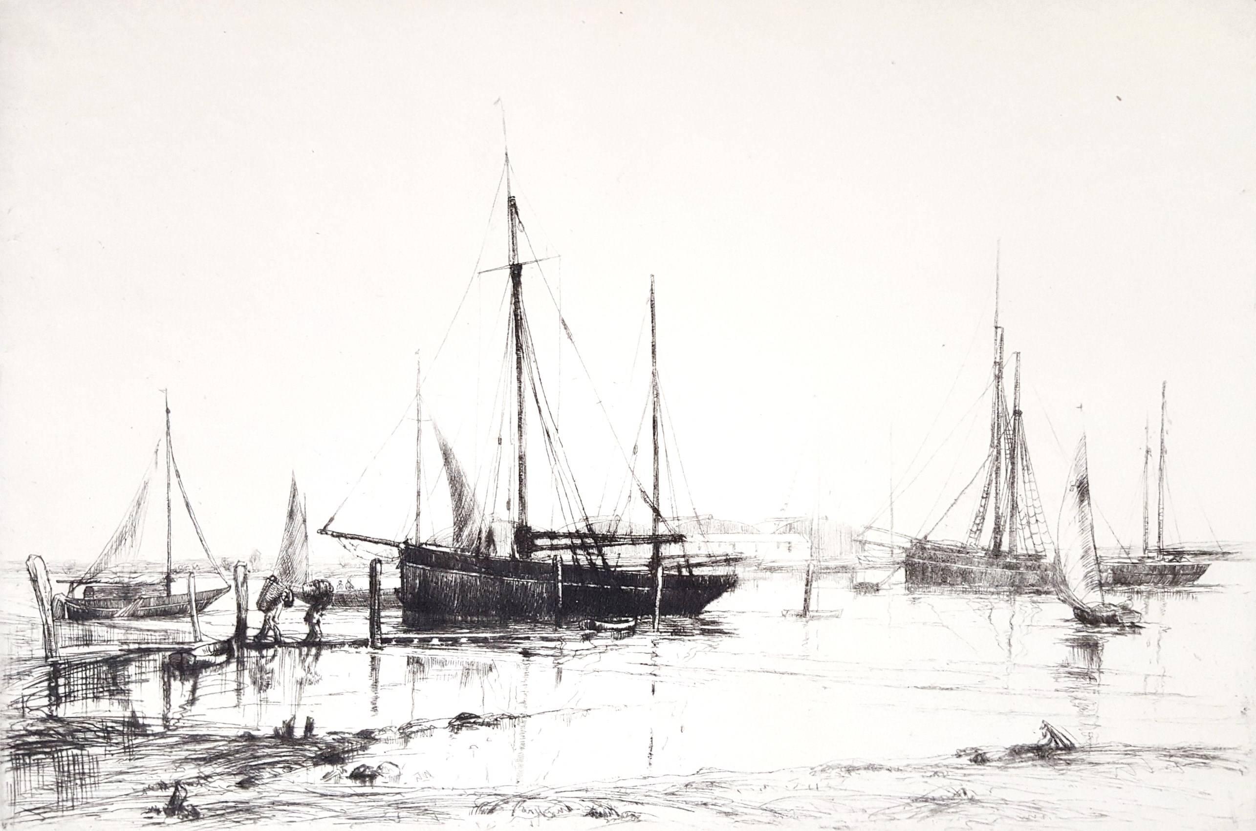 Landscape Print Aileen Mary Elliot - Boîtes de crabe, Southampton Water /// Impressionniste marine britannique