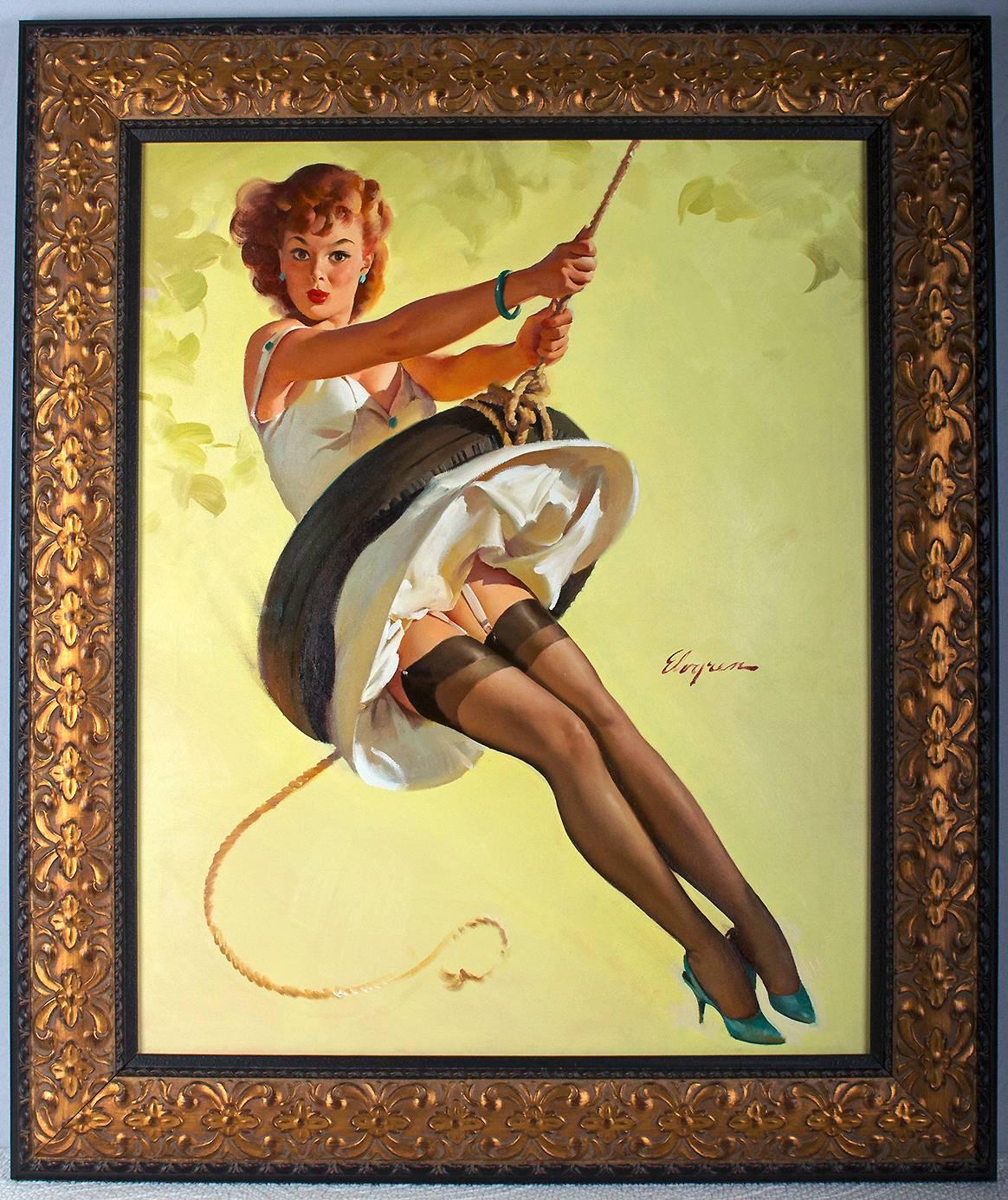 Swingin' Sweetie (Beige), Figurative Painting, von Gil Elvgren