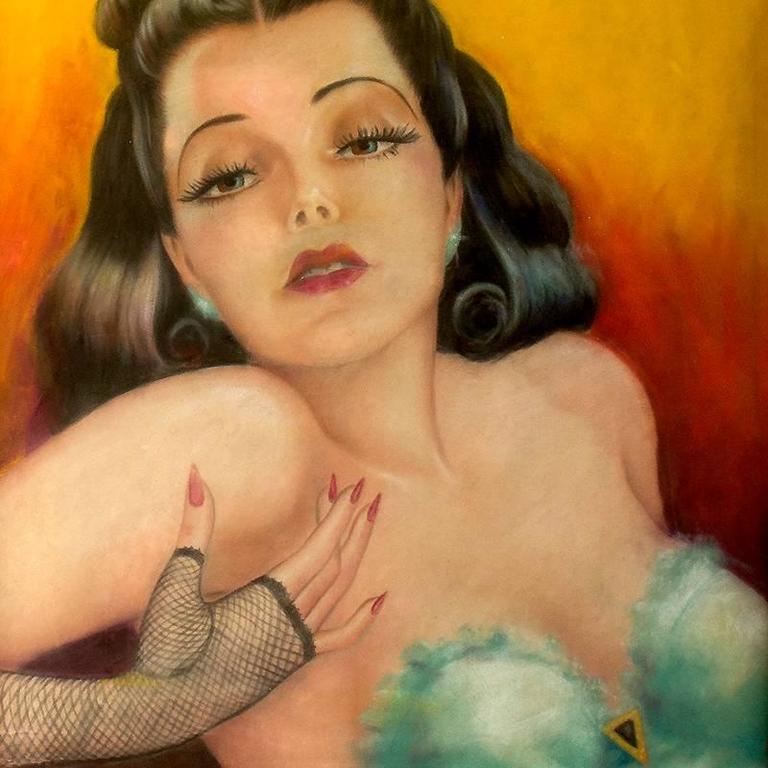 This original pastel on illustration board by the prolific cover artist and pin-up illustrator Cardwell Higgins features an oddly alluring modernist brunette showgirl. Used as the cover for the May, 1937 issue of Modern Girl Book Magazine, this was
