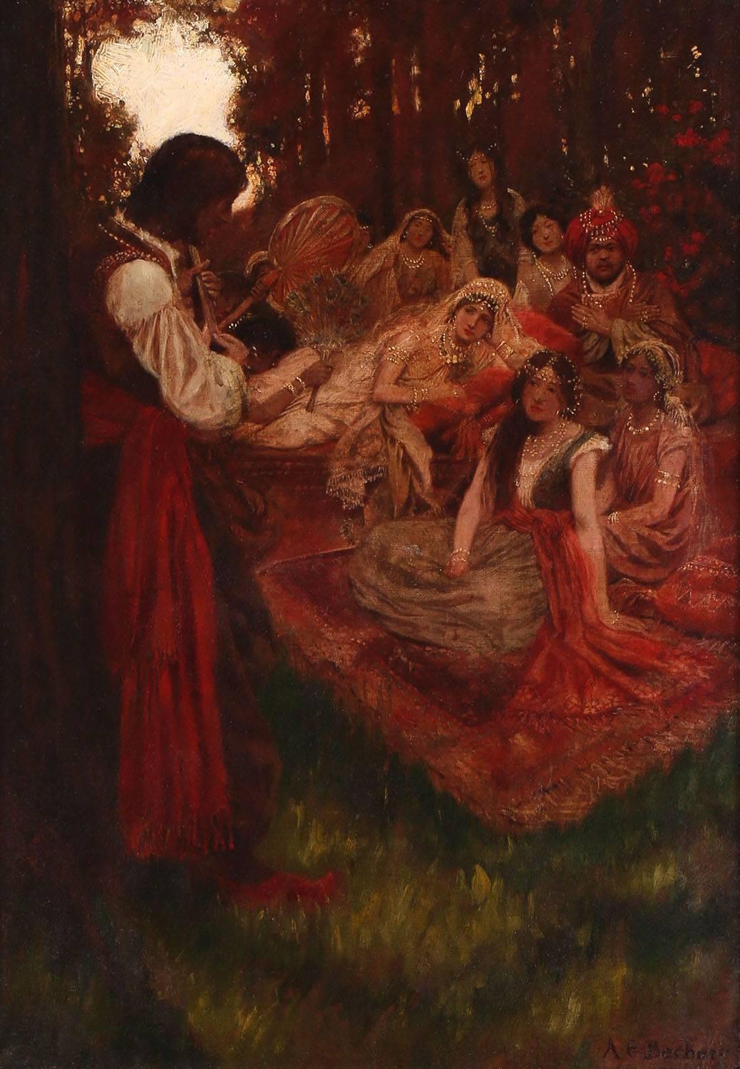 Minstrel Entertains a Harem - Painting by Arthur E. Becher