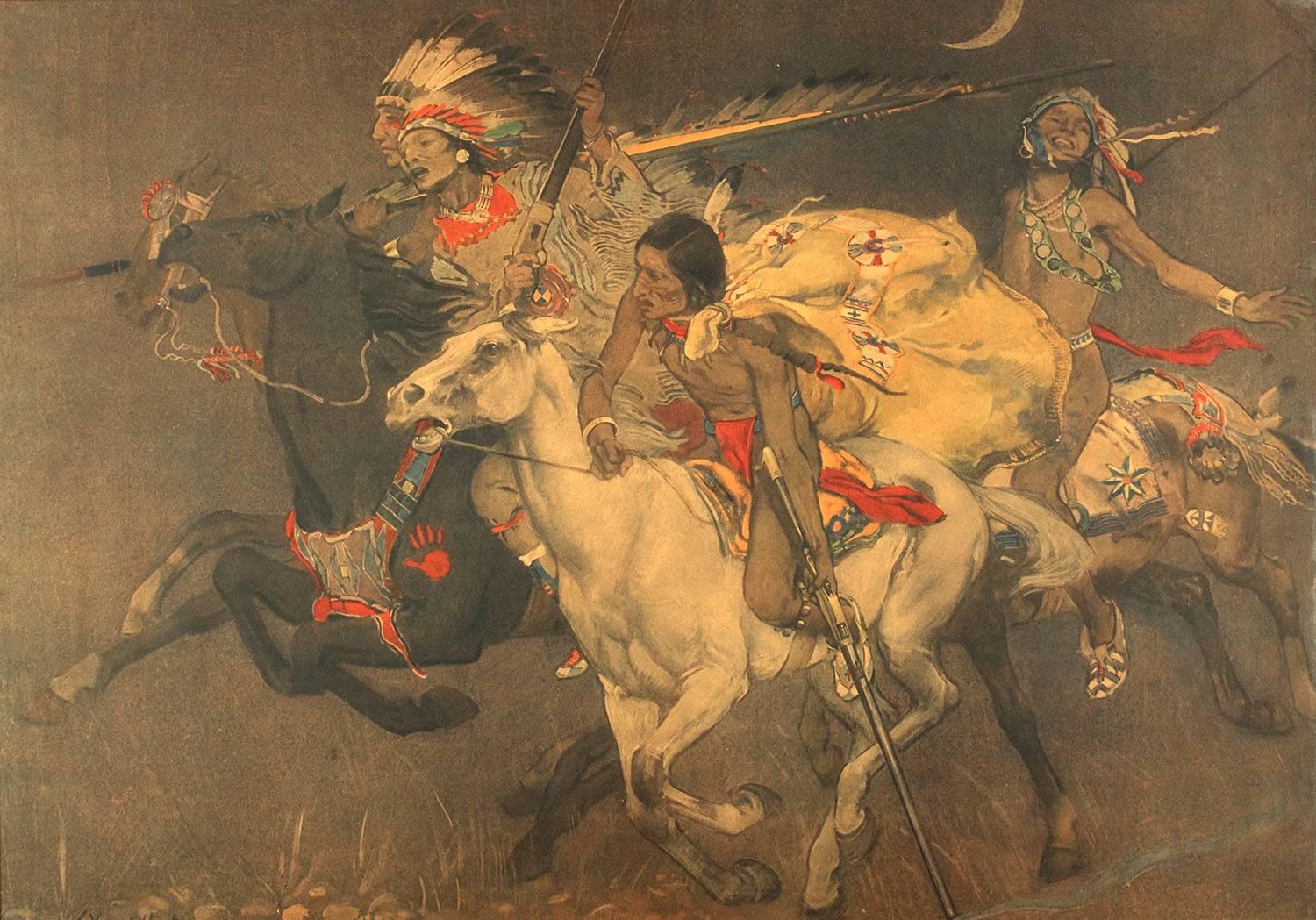 Native American Horseback Battle - Print by John Young Hunter