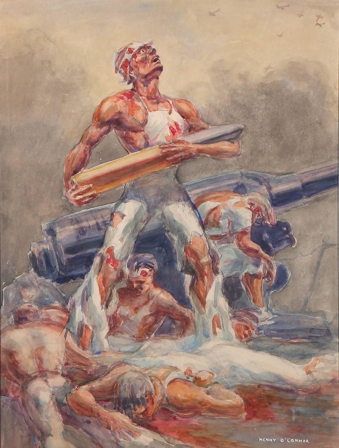 WWII Ashcan School Battle Scene - Painting by Henry O'Connor