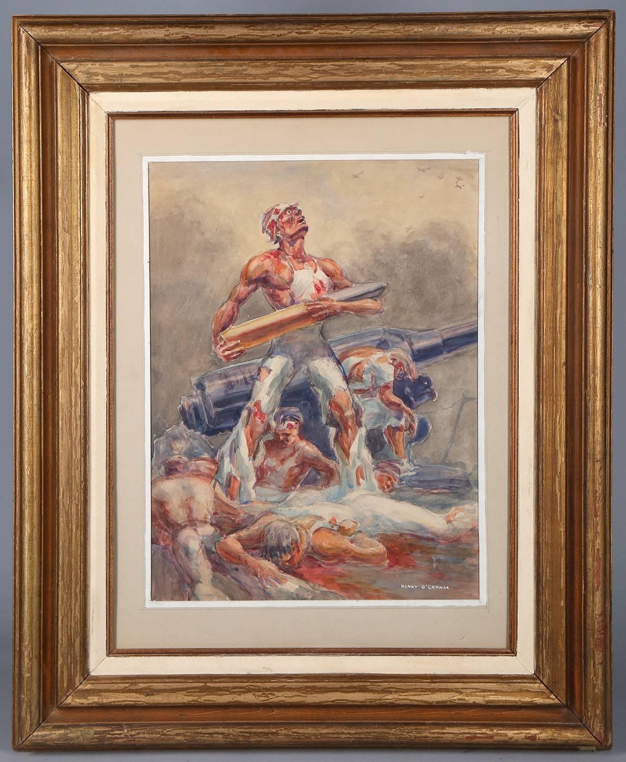 Henry O'Connor Figurative Painting - WWII Ashcan School Battle Scene
