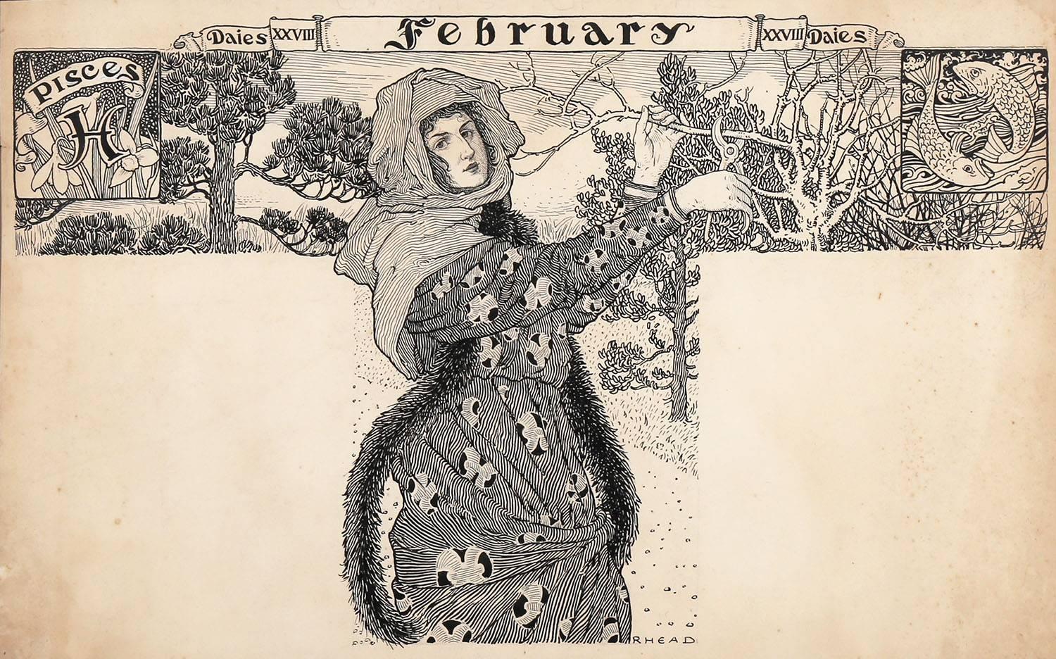 Art Nouveau Maiden in February - Beige Figurative Art by Louis Rhead