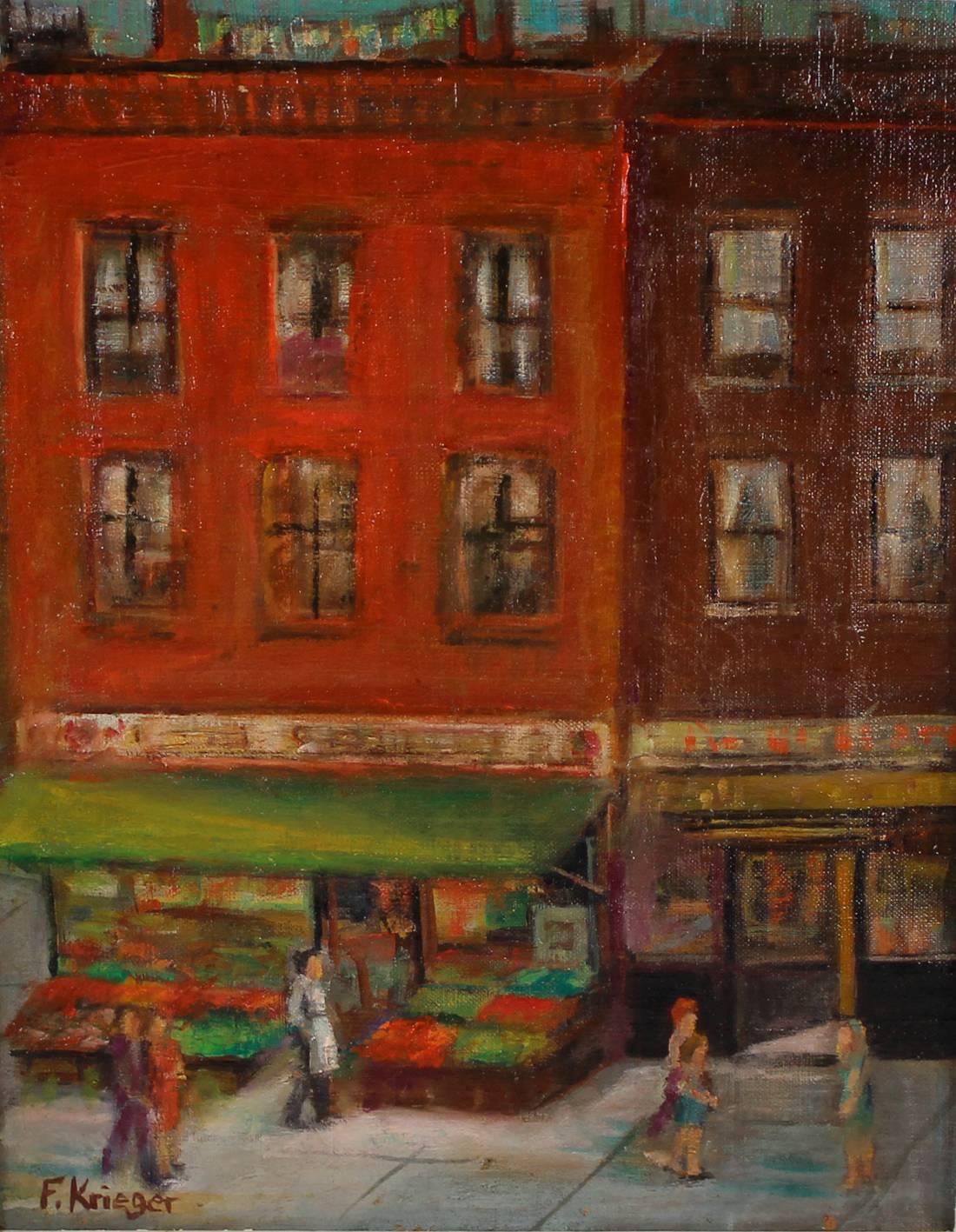 Florence Krieger Landscape Painting - A Bustling Brooklyn Avenue
