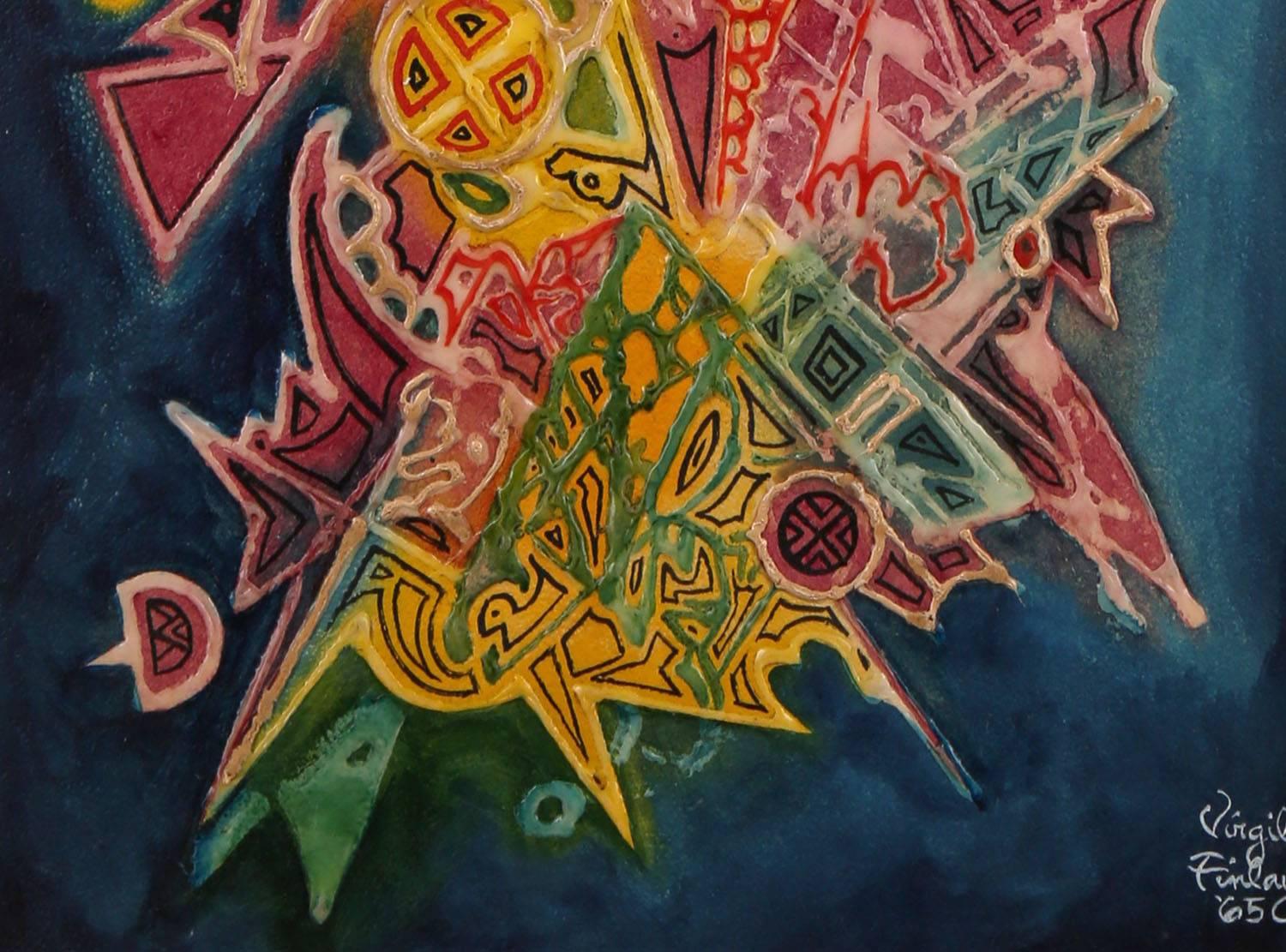 A modernist abstract mixed media painting by Virgil Finlay, who was an important prolific American pulp and science fiction illustrator. Signed and dated 1965 lower right and titled on verso #51. Executed in a colorful and boldly modernist manner,