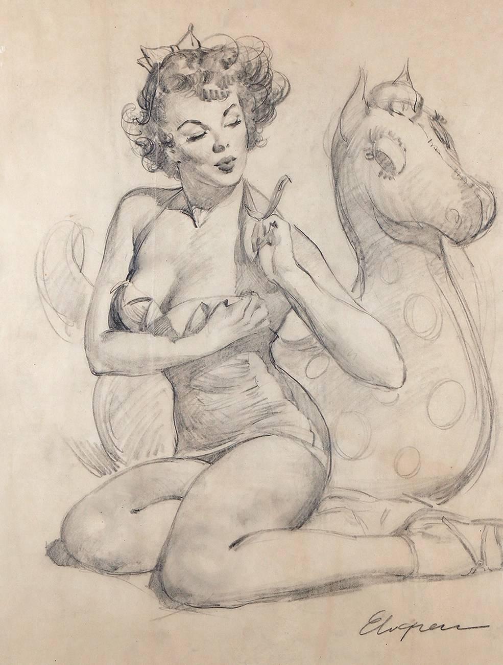 Gil Elvgren Figurative Art - Fit To Be Tied - Preliminary Drawing