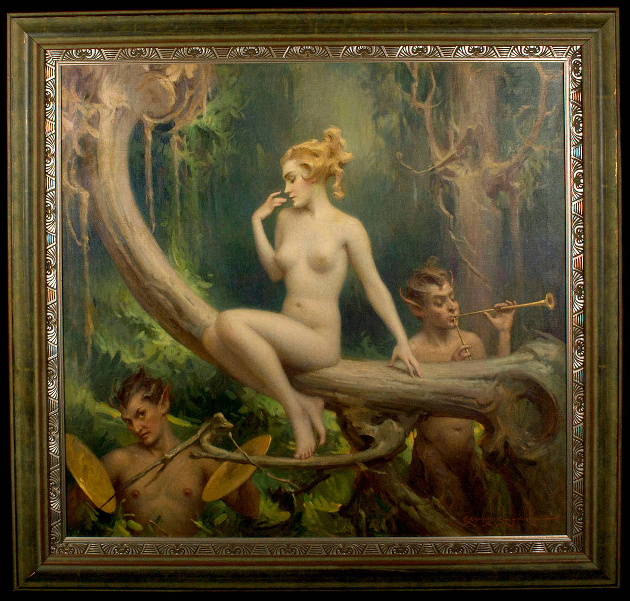 Nude Forest Nymph Visited By Satyrs - Painting by Charles Bosseron Chambers