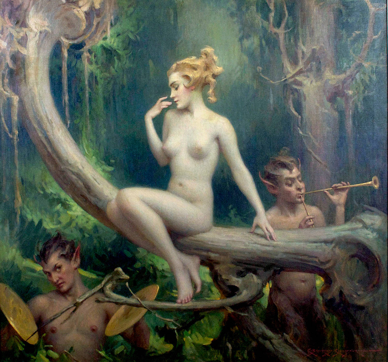 Charles Bosseron Chambers Nude Painting - Nude Forest Nymph Visited By Satyrs