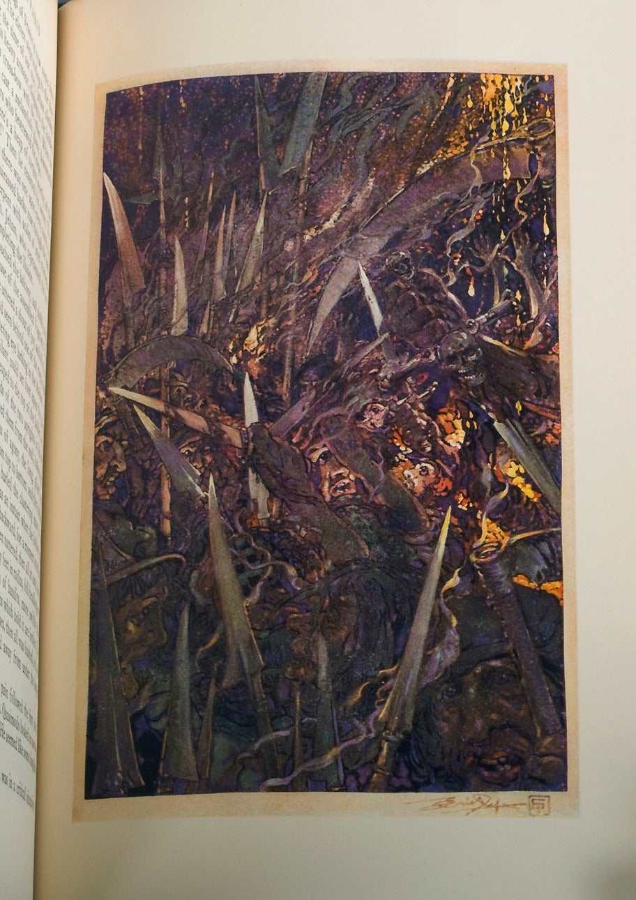 Ein elektrisierendes, intensives und wichtiges Original-Ölgemälde von Eric Pape für eine Ausgabe von Victor Hugos Der Glöckner von Notre Dame aus dem Jahr 1928. Ein düsteres und makabres Meisterwerk aus einer kulminierenden Mobszene in dieser