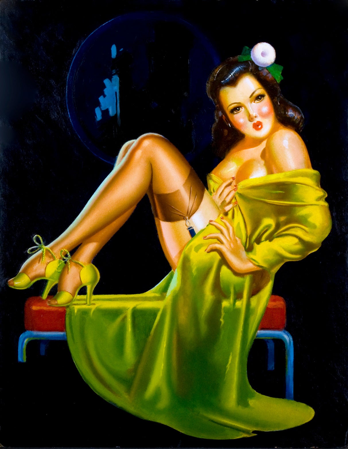 Irving Winer Figurative Painting - Pin Up Girl & Cobalt Mirror