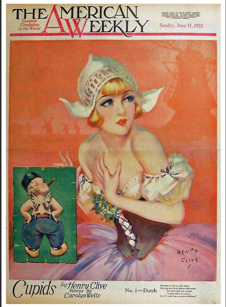 This Art Deco-era, Henry Clive illustration painting appeared as the cover for the June 11,1933 edition of The American Weekly, a Randolph Hearst publication. The magazine often commissioned Clive to create serialized images of enchantresses that