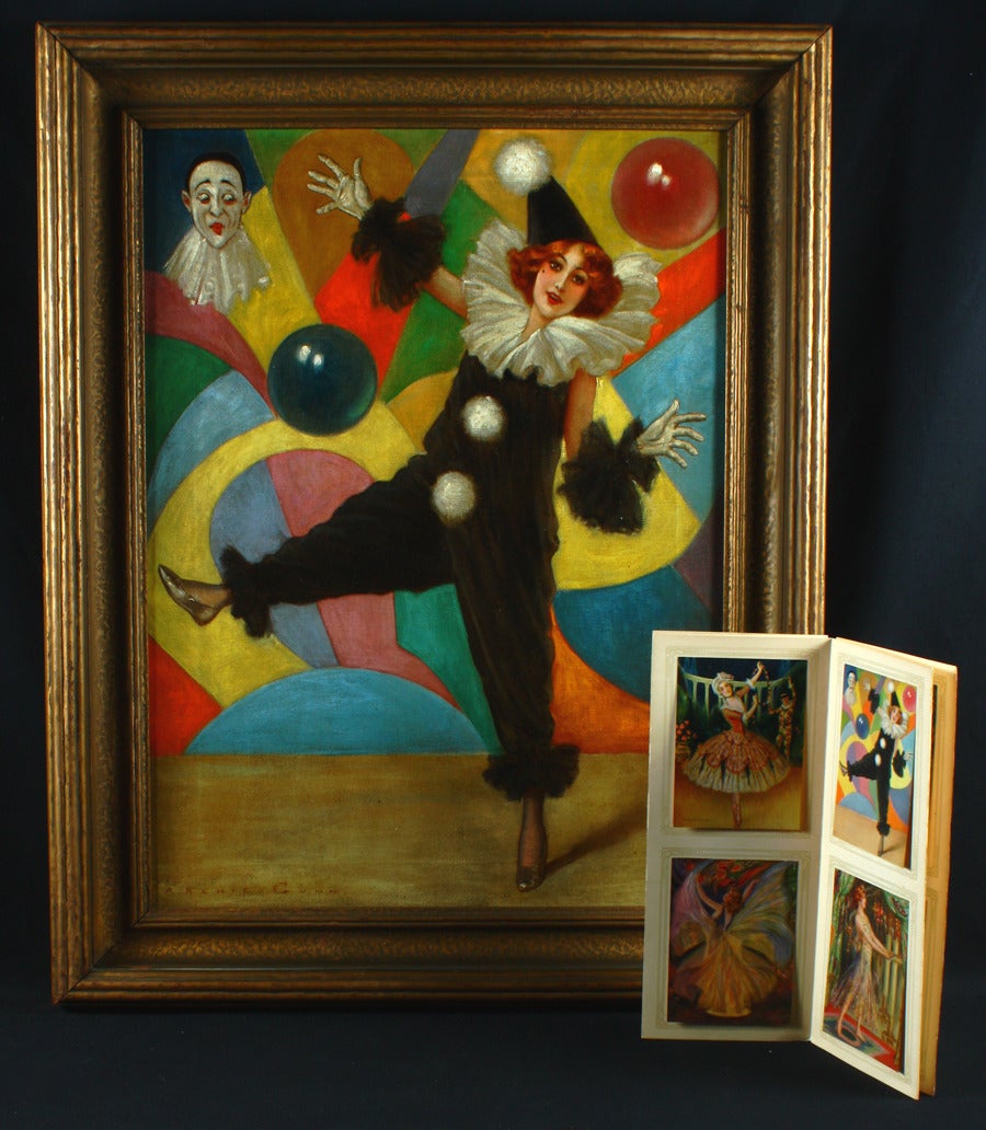 Archie Gunn, a prolific artist from the Golden age of illustration created this published bold art deco painting for a calendar series titled Dancing Girls. Showing a Follies Girl costumed as a jazz-age French Pierrot in the foreground while a mime