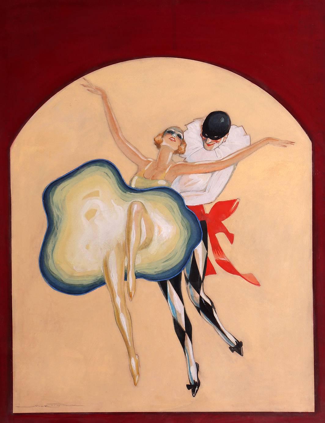 Dancer and Pierrot - Art Deco Painting by Charles Martin