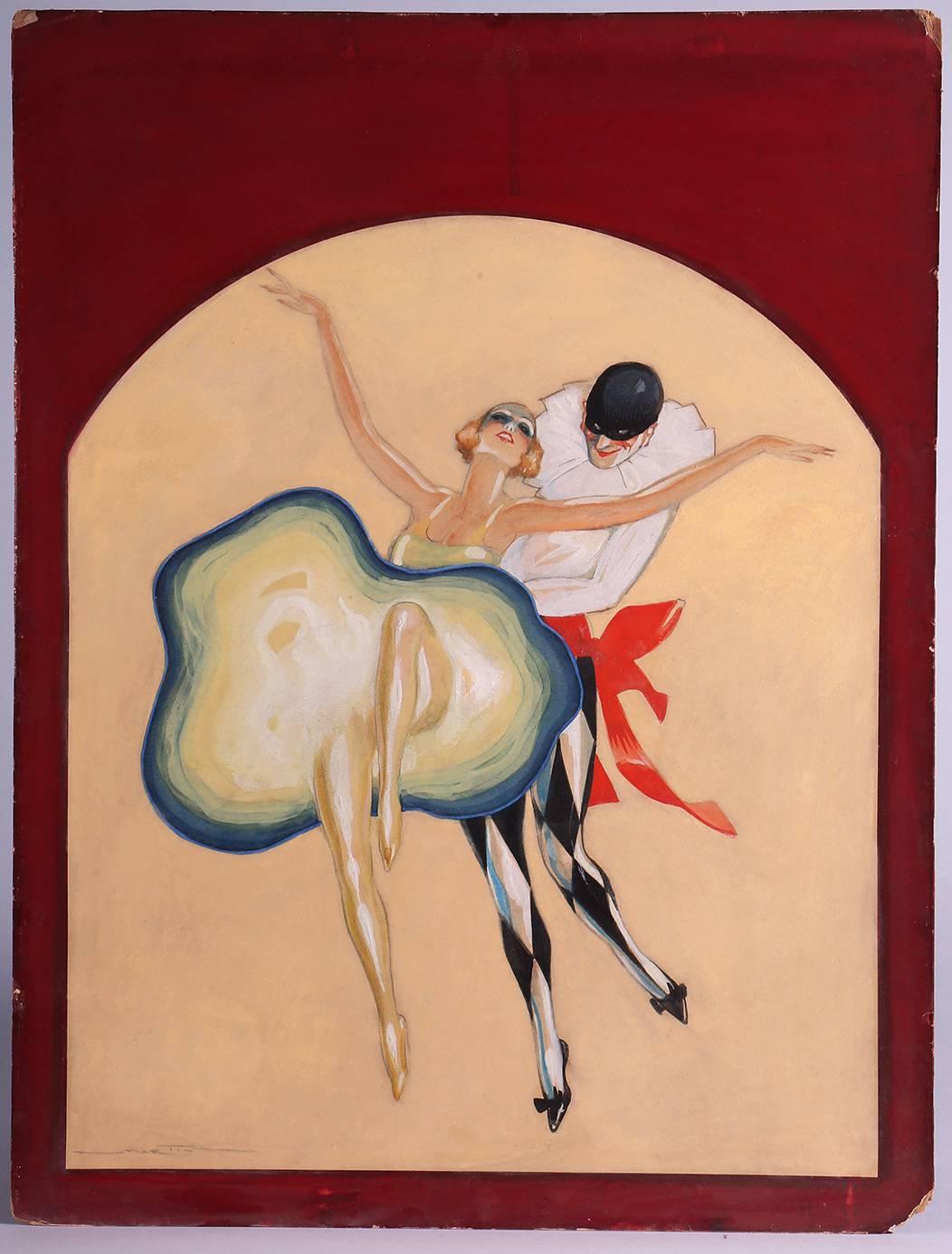 Dancer and Pierrot - Brown Figurative Painting by Charles Martin
