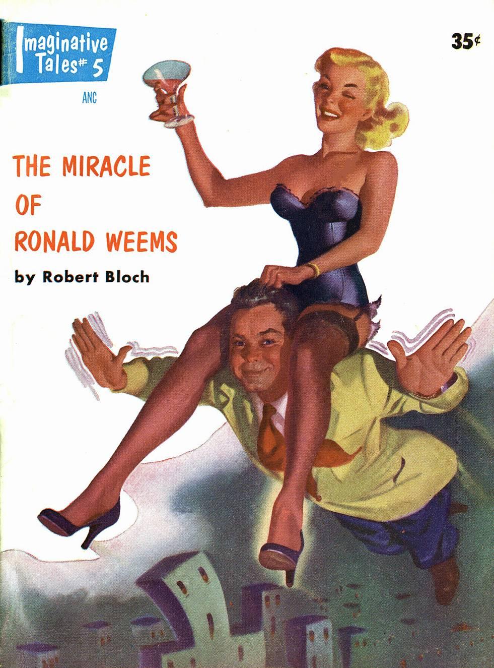 A jovial, large format oil painting by Harold H.W. McCauley which appeared as the May 1955 cover of Imaginative Tales, a Greenleaf Publishing title. The image is a whimsical self-portrait, the artist appears as the 1950s everyman enjoying a night on