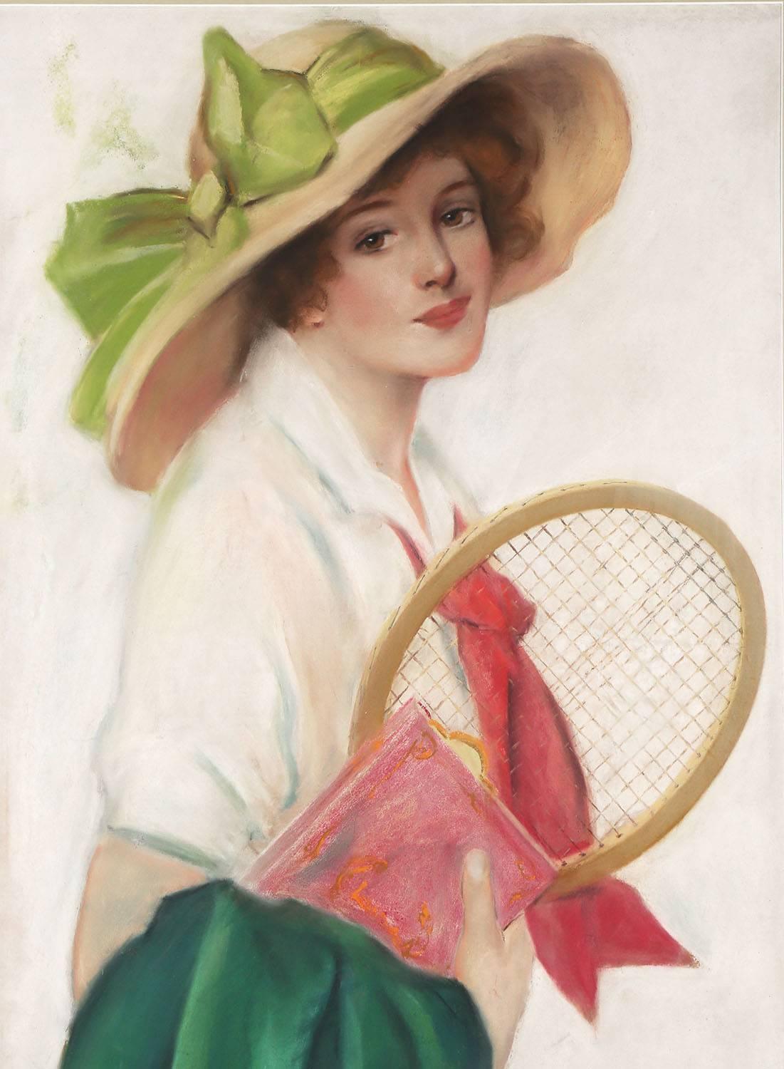 Breezy Co-Ed con racchetta da tennis - Portrait Painting Beige di Frederick Duncan