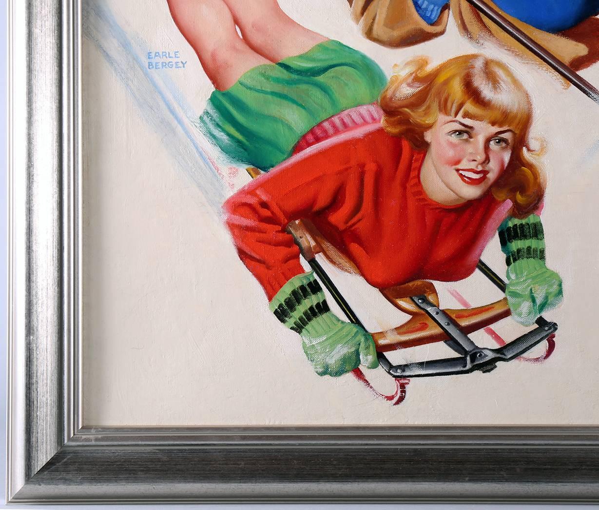 This fresh to the market lively cover painting by Earle K. Bergey appeared as the cover of the winter 1948 issue of the Better Publications title Cartoon Humor. A breezy co-ed pin-up girl in a form fitting red sweater enjoys a snowy sled ride