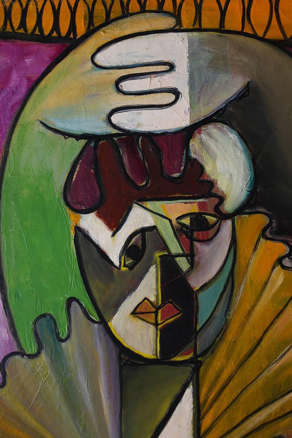 A colorful vintage 1940s - 1950s modernist oil on canvas abstract painting by the 20th Century American sculptor and painter, Charles Luedtke. Painting is of a fragmented costumed clown, the artist was a native of Wisconsin, he also excelled