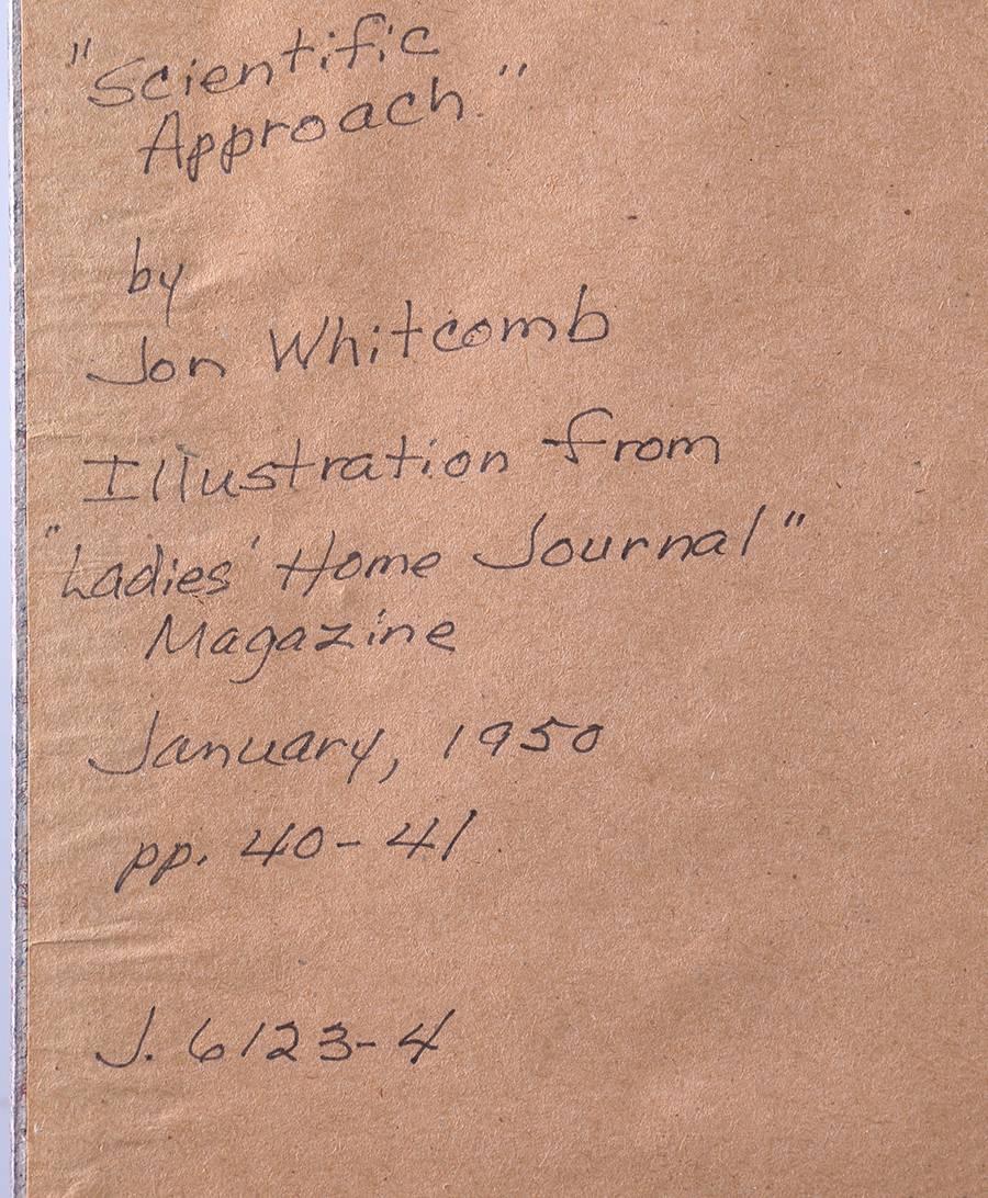 A pretty mid-century Whitcomb girl tries the scientific approach while frame shopping in this inventive published large format gouache illustration magazine by Jon Whitcomb, which appeared as an interior illustration in the January, 1950 edition of