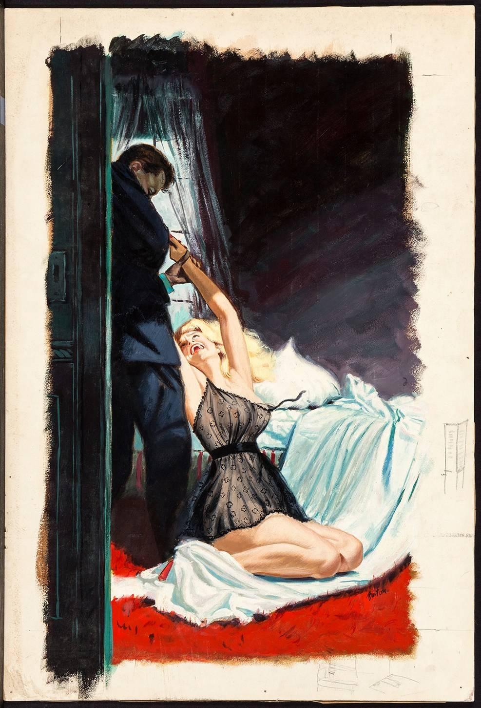 A signed gouache on illustration board painting by Harry Barton, created as the cover for Dorine Clark's 1959 novel Hell Cat. This original artwork is a prime example of the boundary pushing, subversive imagery that helped draw readers to the taboo