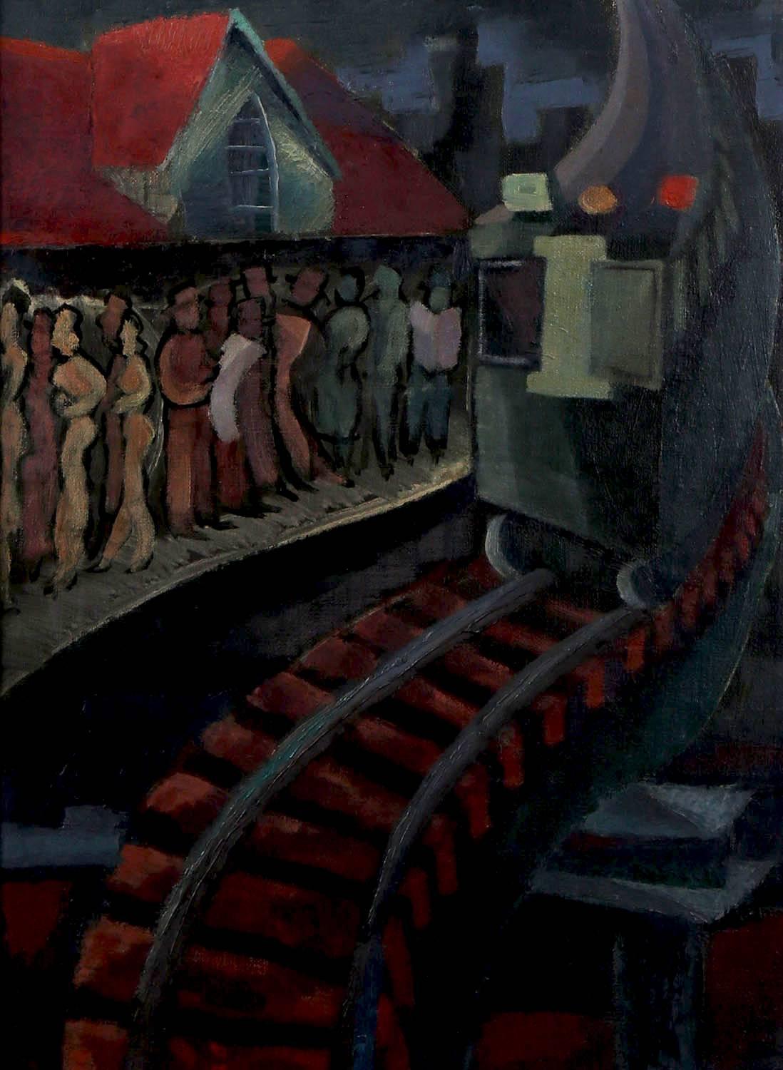 Alfred Statler Figurative Painting - Subway Platform At Night 